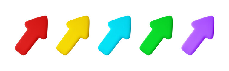 Vector cartoon 3d arrow cursor icon set. Cute realistic colorful computer mouse click cursor sign collection. 3d render red, yellow, blue, green and purple pointer for infographic, web, app, game.