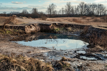 Muddy pond with a reflection of the sky