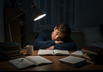 Drowsy student resting at desk surrounded by open books and lamp in dim light