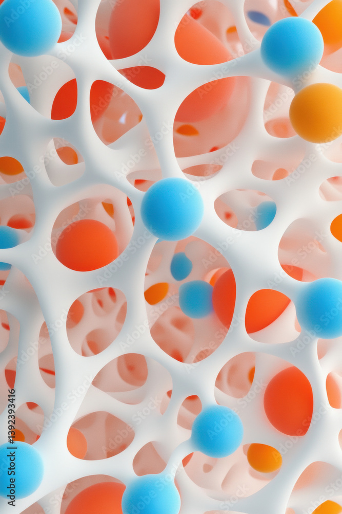 Poster xanthone, abstract representation of colorful, interconnected shapes and spheres in a scientific con