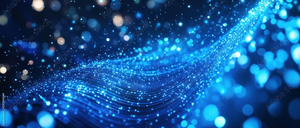 Poster abstract blue light waves with sparkling bokeh effects