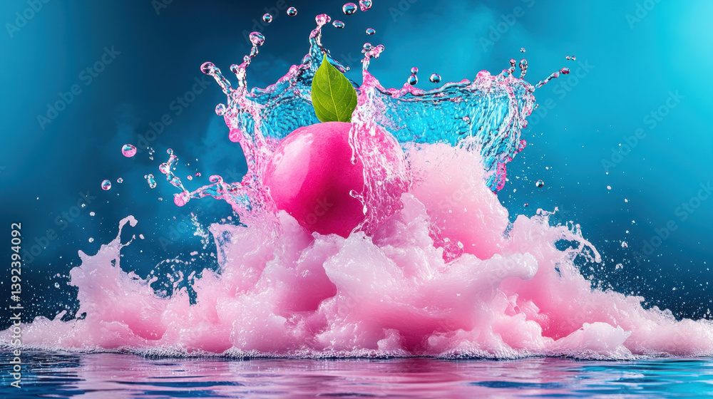 Poster xanthone, a vibrant splash of pink water with a floating apple creating dynamic waves.