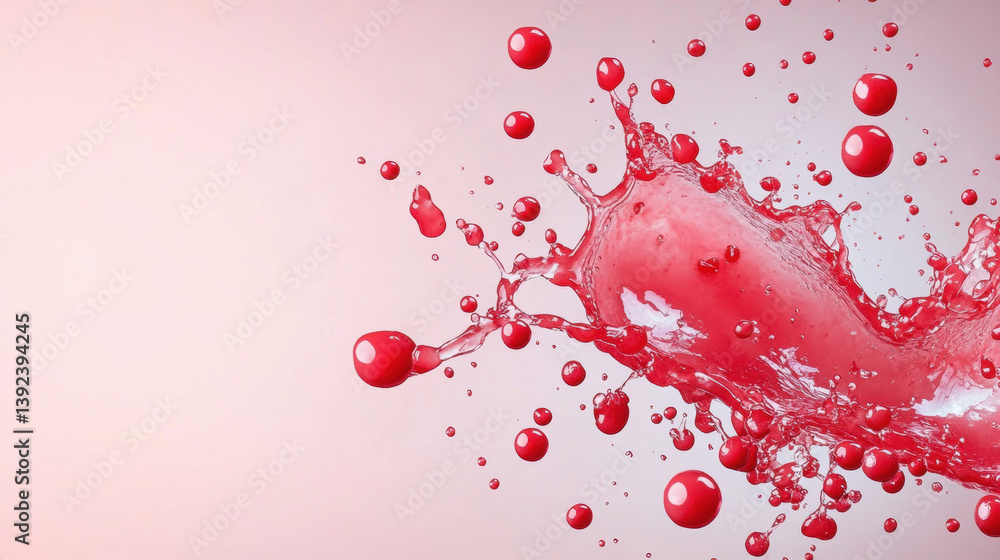 Poster xanthone, red liquid splash with droplets against a soft background, creating a dynamic, artistic vi