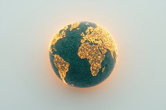 A glowing globe depicting Earth, highlighting continents and cities with golden lights against a soft, muted background.