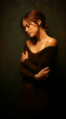 Painting of young woman with brown hair, wearing brown top, against dark green background, conveying introspection and quietude