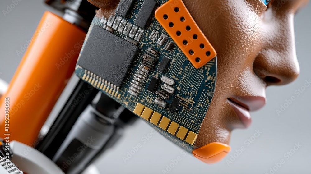 Poster a human head containing a circuit board represents a realistic stock image of computer mind connecti