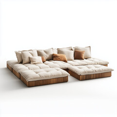 Modular beige sofa with brown and cream pillows on a light background. Modern living room furniture.