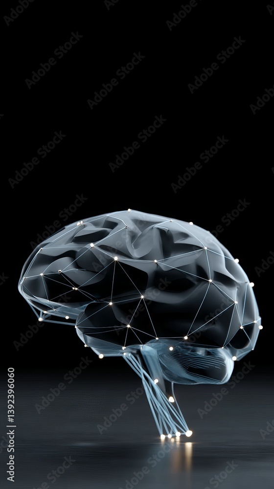 Poster futuristic abstract background technology concept featuring a blue polygon brain logo and digital ai