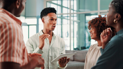 Tablet, team talking and business people with ideas, event planning and schedule in creative meeting. Technology, collaboration or group brainstorming in startup office, venue research and design