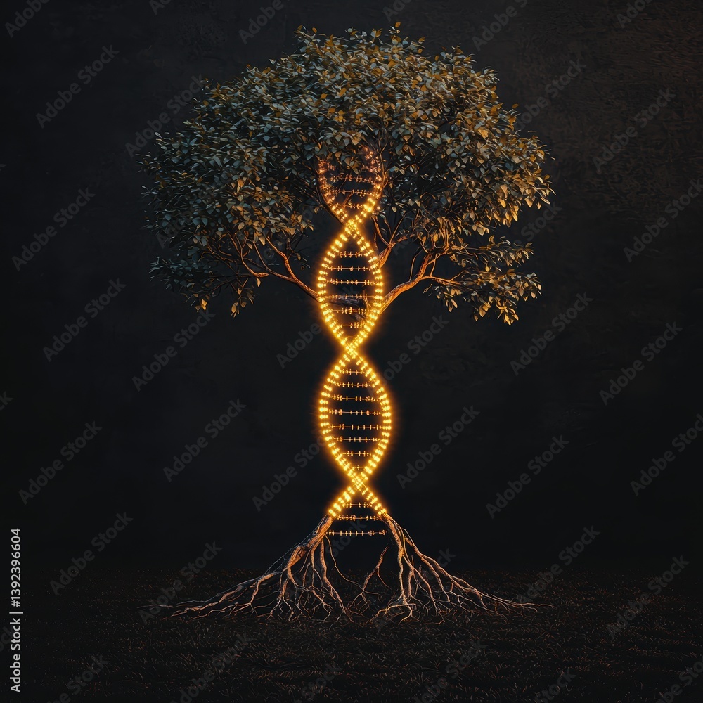 Poster a glowing tree with a dna spiral illuminated in its trunk, symbolizing the connection between nature