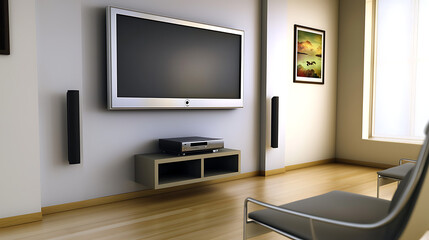 Fototapeta premium A living room with a large flat screen television and a chair