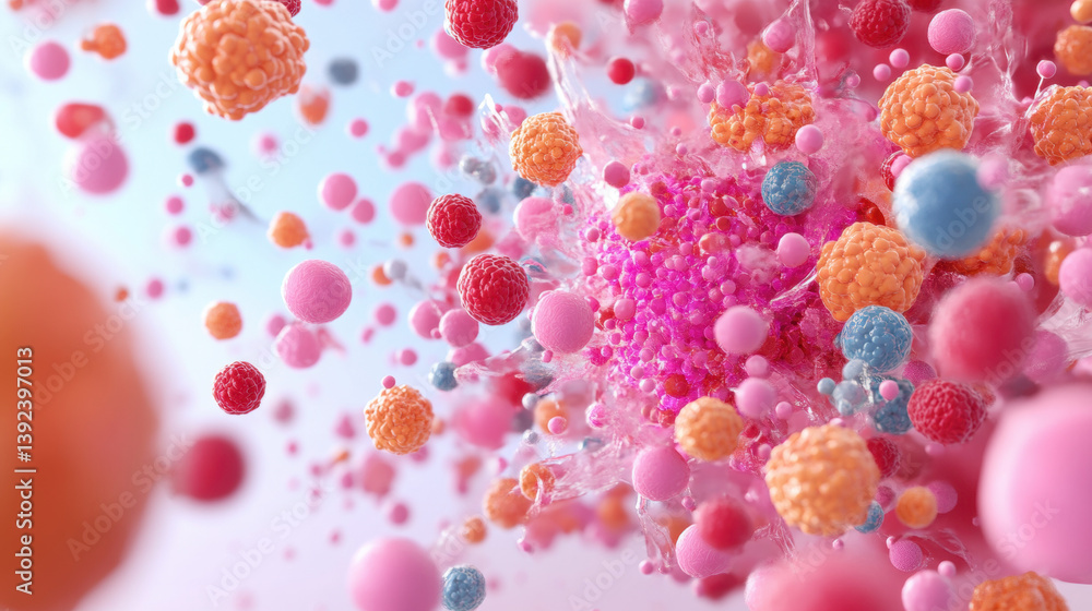 Aufkleber xanthone, colorful abstract representation of cells and molecules in a dynamic composition.
