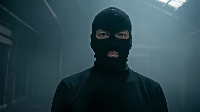 A man dressed in black and wearing a balaclava stares intently at the misty ruins.