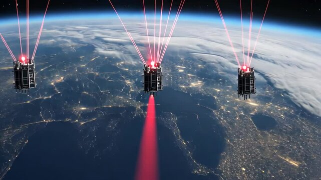 Futuristic satellites with red laser beams over glowing cityscape on Earth from space, global communication, technology and surveillance concept.