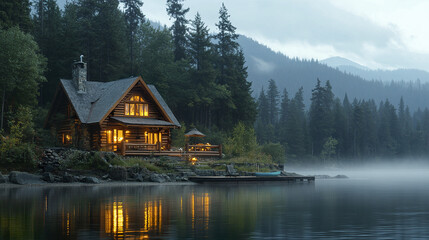 Fototapeta premium Cozy lit wooden house on lakeshore with forested backdrop