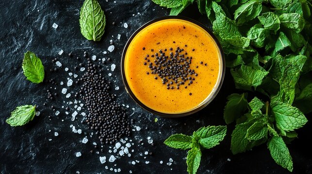A top-down view of a jaljeera drink surrounded by cumin seeds, black salt, and fresh mint leaves.