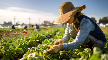 Morning Harvest: Woman Carefully Tending Crops in a Modern Agricultural Field generate by AI