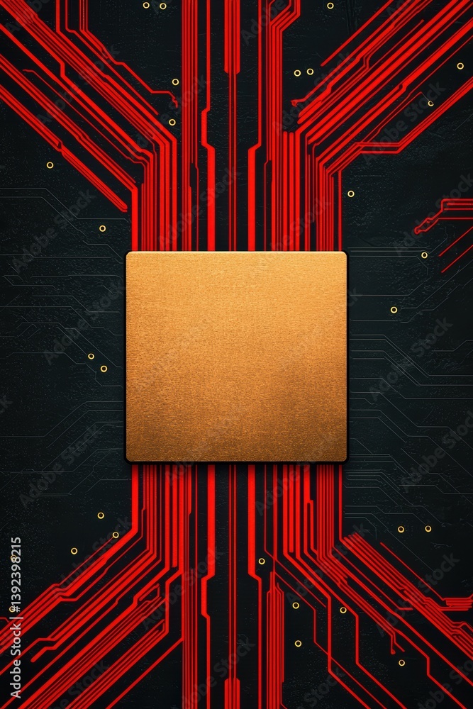 Poster a close-up of a golden microchip on a black circuit board with red lines, symbolizing technology and