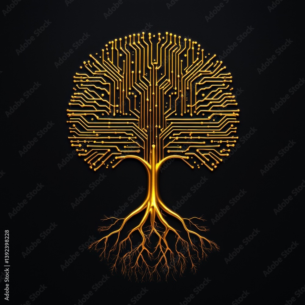 Poster a golden tree design made of circuit patterns on a dark background, symbolizing the fusion of nature