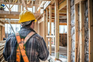 Fototapeta premium Construction worker installing house wall insulation in new home