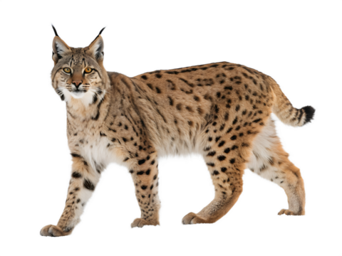 A spotted lynx standing isolated on a transparent background