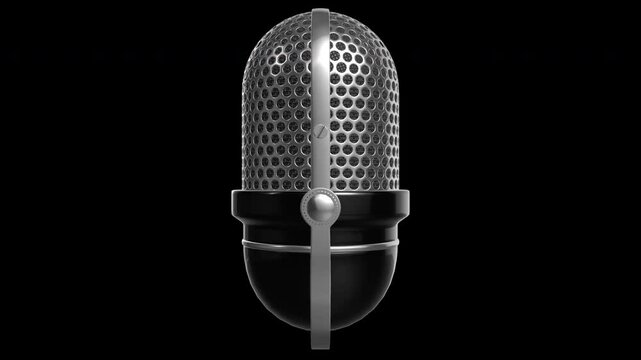 Vintage microphone rotating on alpha channel background in seamless loop.