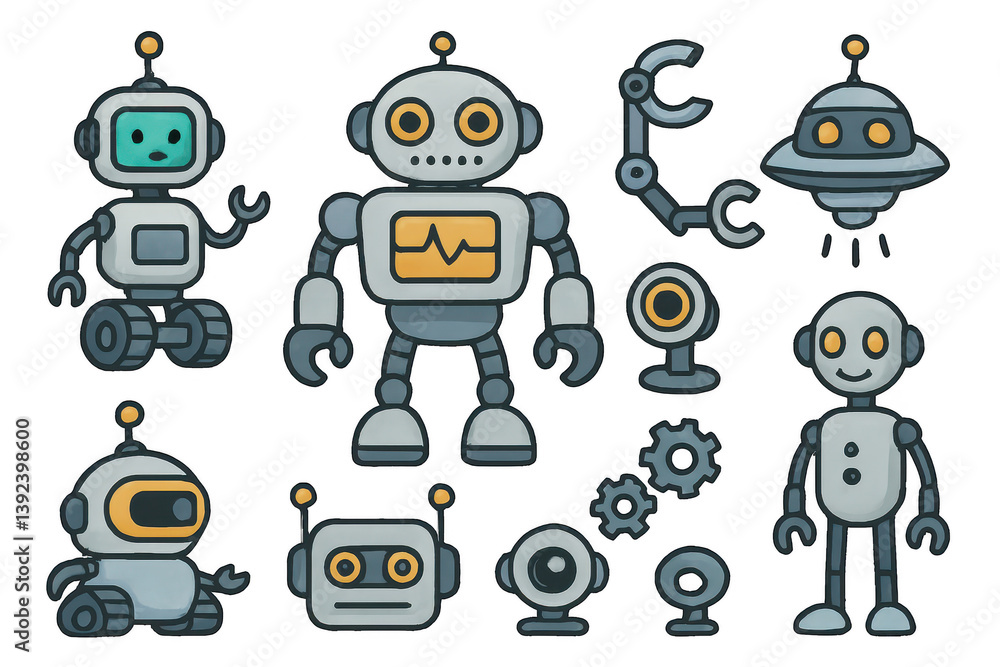 Poster colorful robot collection with simple and playful design elements
