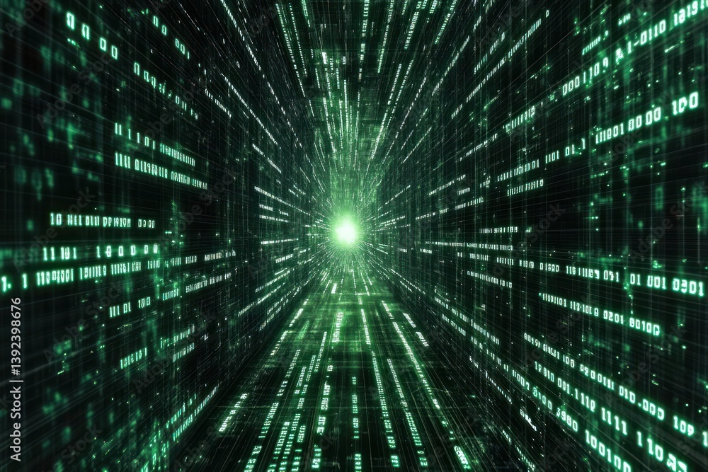 Poster abstract digital tunnel with green binary data flow