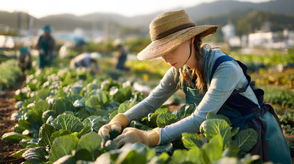 Focused Farming: Woman Harvesting Leafy Greens in a Sustainable, Technology-Supported Agricultural Field generate by AI