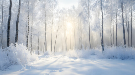 Naklejka premium winter, snow, forest, cold, tree, landscape, nature, trees, frost, white, ice, sun, woods, park, river, sky, season, frozen, road, scene, fog, snowy, branch, wood, outdoor