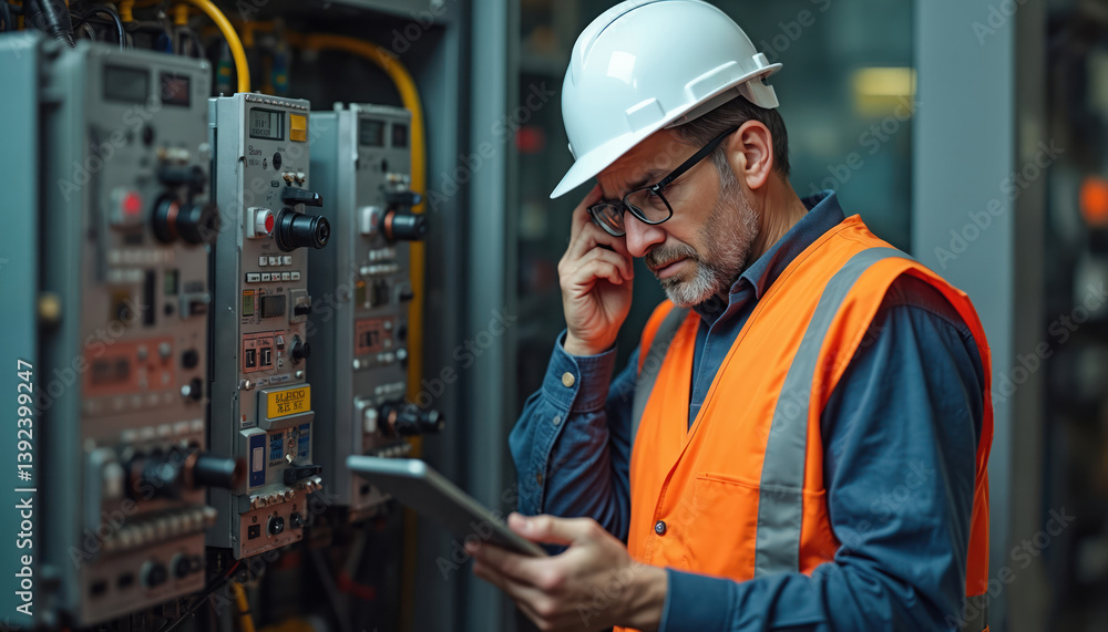 Poster Worker reviews outdated machinery using tablet, faces challenges in tech. Factory setting, orange safety vest, white hardhat. Industrial environment, manufacturing, smart factory, digitalization.