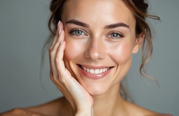 Beautiful mid adult woman touches face skin with hand in studio. Natural makeup, healthy skin, smiling. Attractive caucasian female portrait, serene expression. Anti-aging, skincare, beauty,