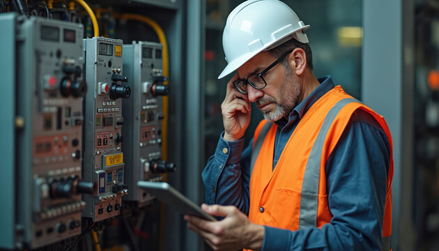 Worker reviews outdated machinery using tablet, faces challenges in tech. Factory setting, orange safety vest, white hardhat. Industrial environment, manufacturing, smart factory, digitalization.