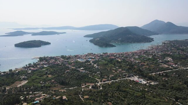 Amazing Aerial panoramic view of Nidri Bay at Lefkada Island, Ionian Islands, Greece