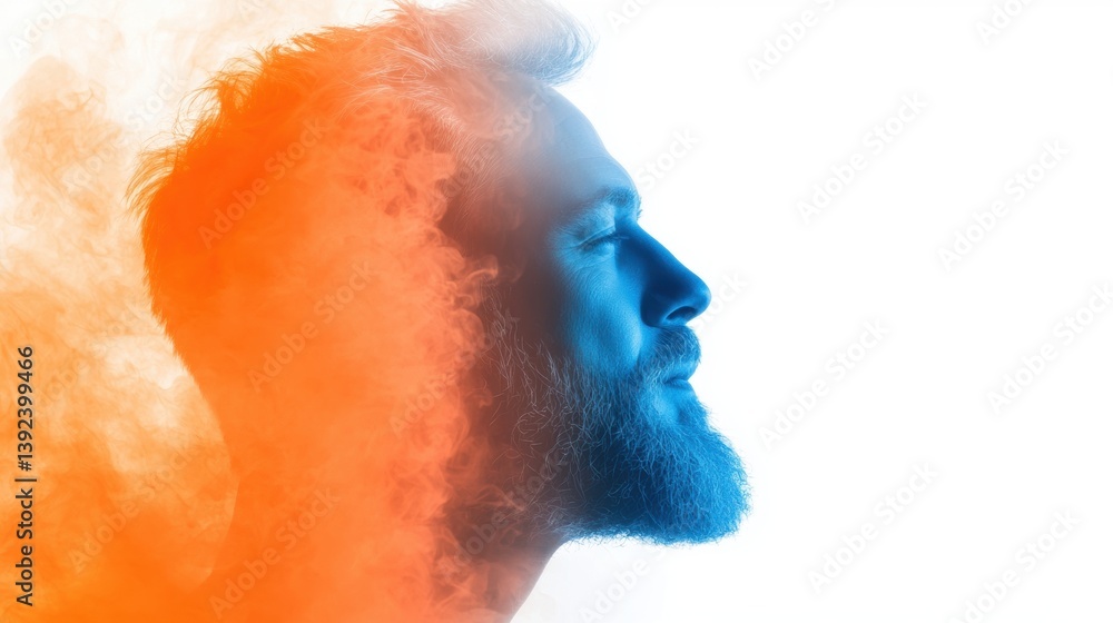 Poster a vibrant profile of a man surrounded by colorful smoke, blending blue and orange hues, creating an 
