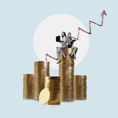 Art collage. Stairs of coins and two businesswomen woman with lapetops - successfully into the...