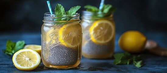 A summer-inspired shot of two mason jars with chilled chia seed lemonade, condensation forming, fresh mint leaves, and lemon slices.