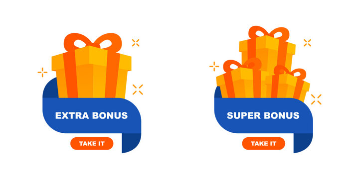 Extra and super bonus gift boxes in cartoon style. Gift rewards and surprise boxes