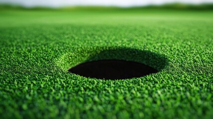 Golf putting action at a lush green course focused on the hole natural daylight close-up view