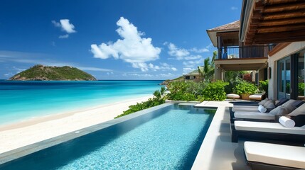 Fototapeta premium Luxurious beachfront villa with infinity pool overlooking tropical ocean landscape