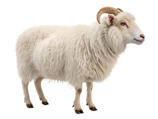 Isolated Icelandic sheep with curved horns standing isolated on a transparent background