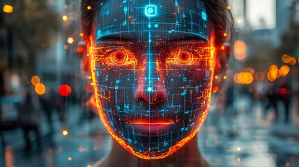 Futuristic face scan in city