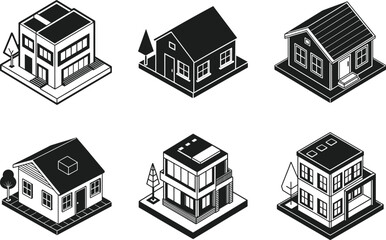 Isometric House Silhouette Collection – Modern Black Vector Building Icons Set