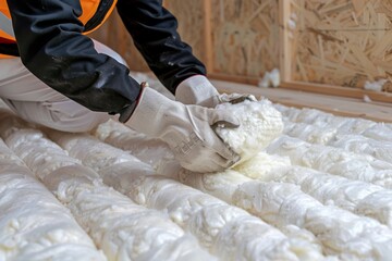 Construction worker installing house wall insulation in new home