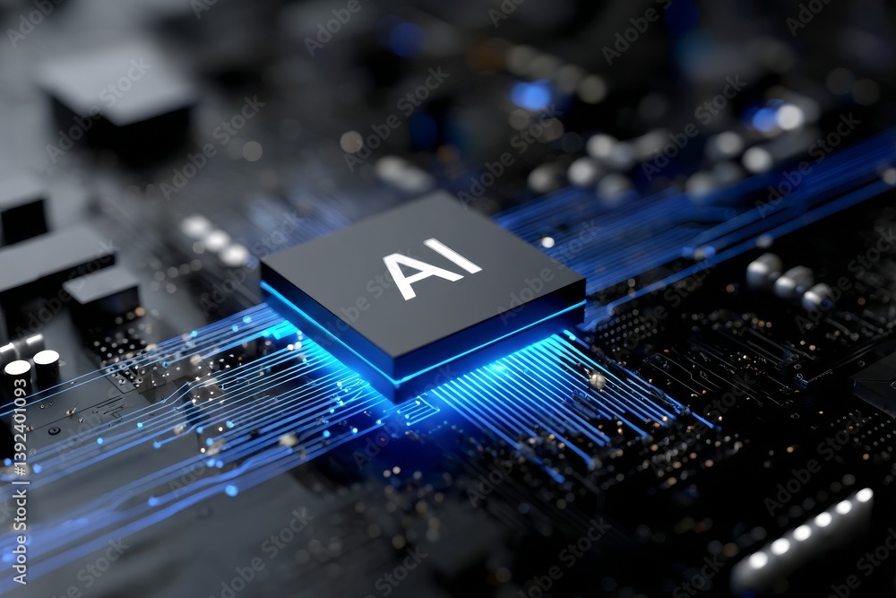 Aufkleber in a 3d rendering, an abstract blue ai chip on a blurry background conveys the idea of innovation an