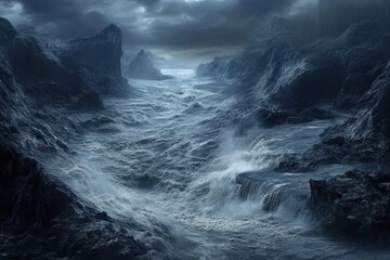 Obraz premium Stormy ocean waves crash against rugged cliffs in a dramatic landscape view