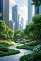 Fototapeta premium Environmental awareness day. Urban park pathway surrounded by skyscrapers and greenery.