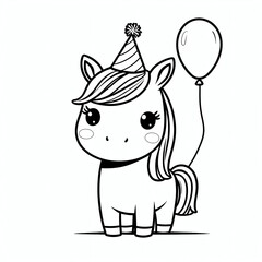 Fototapeta premium Adorable Unicorn Birthday Party: A Cute Coloring Page Featuring a Pony with a Party Hat and Balloon
