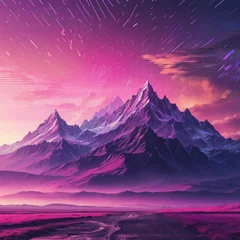 Gordijnen Retro 80s synthwave landscape with crystalline mountains, digital rain, and purple-pink gradient sky with VHS glitch effects © MrQuadcity