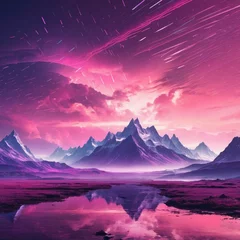 Fotobehang Retro 80s synthwave landscape with crystalline mountains, digital rain, and purple-pink gradient sky with VHS glitch effects © MrQuadcity